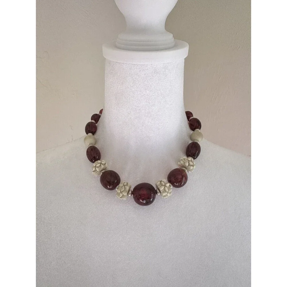 Vintage 1930s Louis Rousselet Art Deco Amber Glass Bead Carved Galalith Necklace